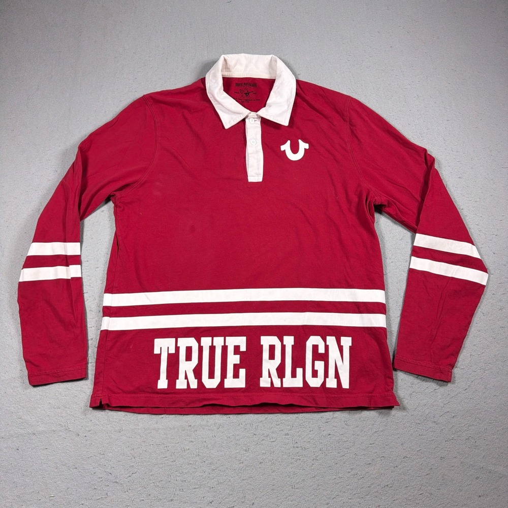 True Religion Rugby Shirt Men 2XL Red White Long Sleeve Polo‎ Striped Streetwear